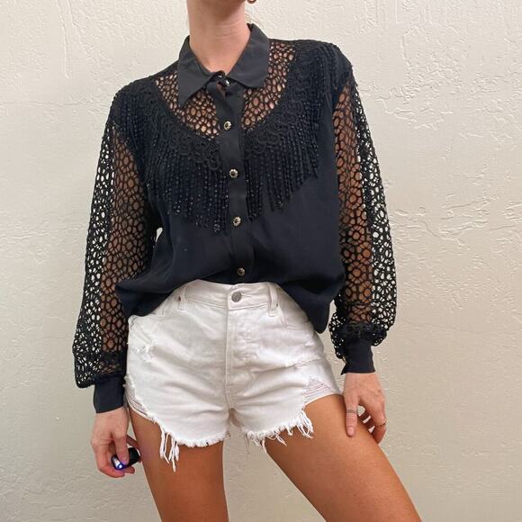 Vintage Black Crochet Fringe Western Style Button Up Top - Picture 2 of 8